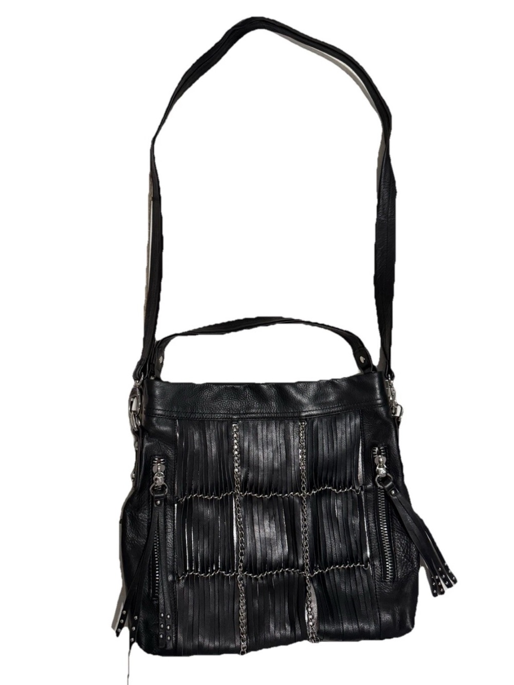 b makowsky Boho/punk/rock Black leather handbag With Fringes And Silver Chain